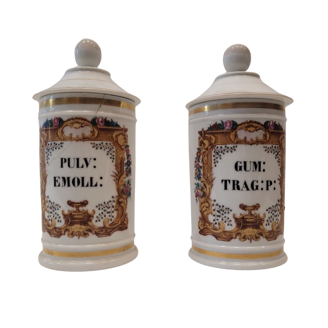 Pareja de albarelos de boticario en porcelana, fin. XIX – p. s. XX