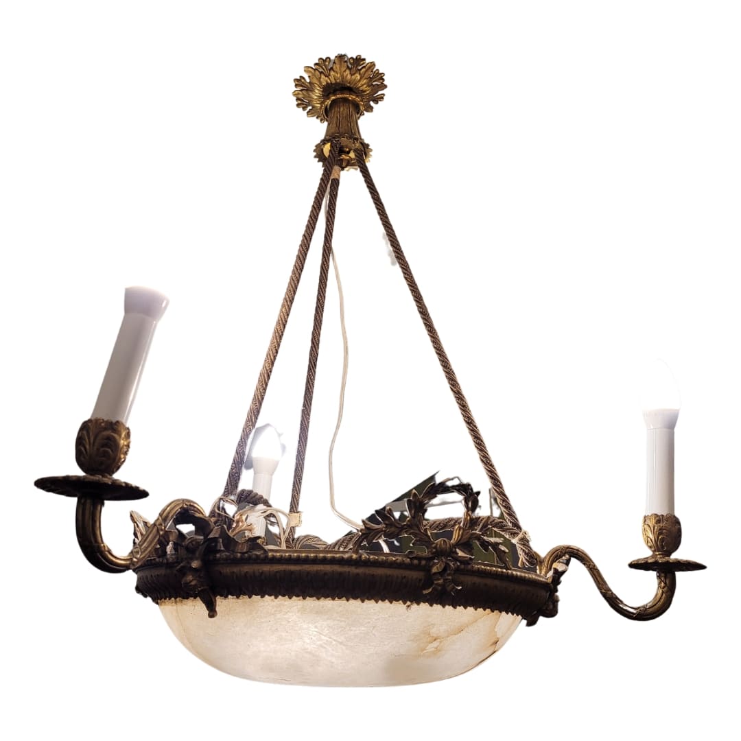 Lámpara de techo Modernista, alabastro y bronce dorado, p. s. XX - Francia